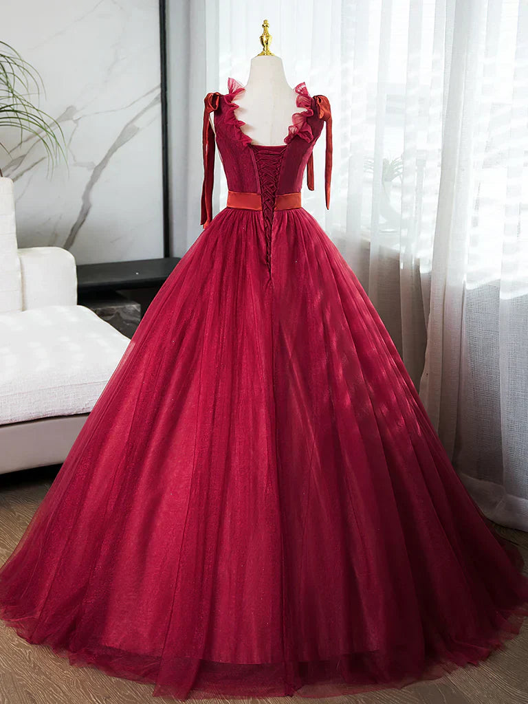 V Neck Tulle Burgundy Long Prom Dress, Burgundy Long Evening Dresses HZ1024
