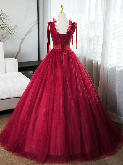 V Neck Tulle Burgundy Long Prom Dress, Burgundy Long Evening Dresses HZ1024