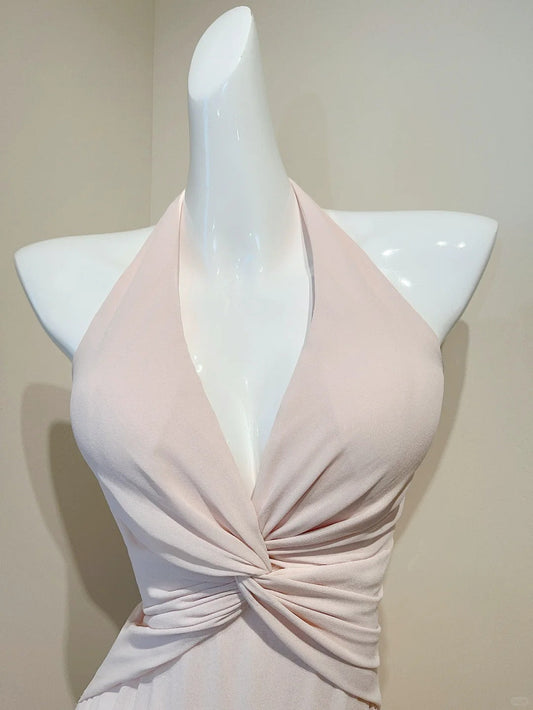 Sweet Pink V-neck Sheath Chiffon Prom Dresses Elegant Birthday Evening Gowns with Ruffles ED03100