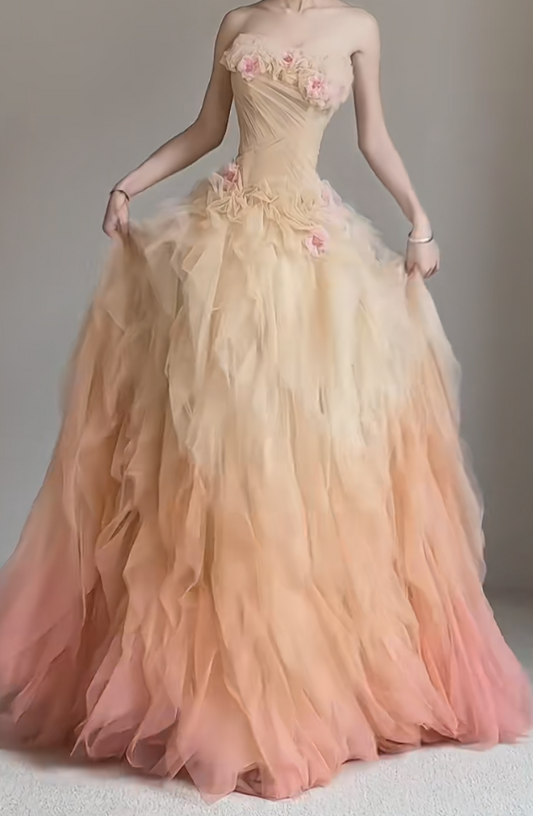 Stunning Gradient Orange Strapless A-Line Tulle Long Prom Dresses Evening Gowns for Quinceañera ED03101