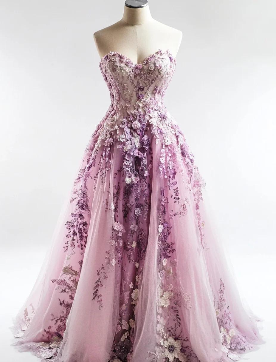 Pink Sweetheart Neck A-Line Tulle Applique Long Prom Dresses Gorgeous Wedding Dress HZ1024