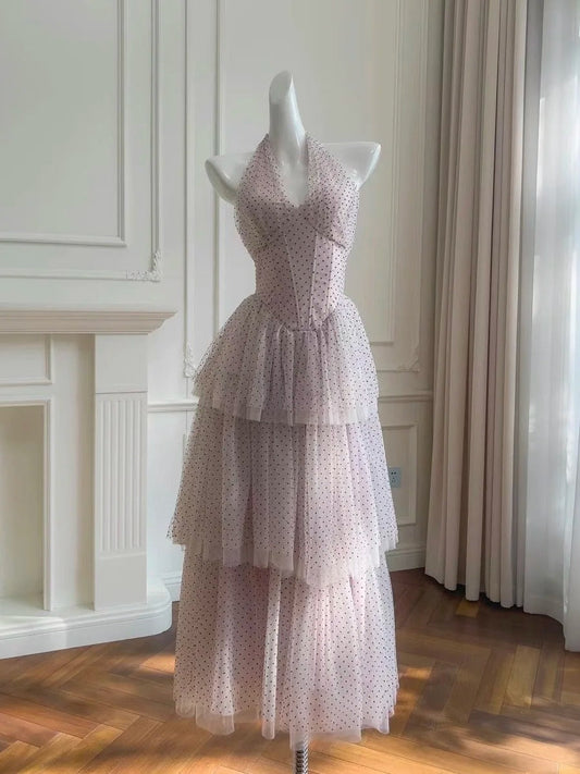 Stunning Light Purple V-Neck A-Line Layered Tulle Point Long Prom Dresses Sweet 16 Evening Dress ED03105
