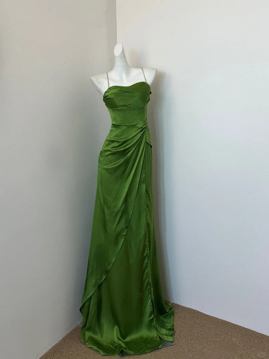 Elegant Green Spaghetti Straps A-Line Satin Long Prom Dresses Formal Evening Dresses ED03106