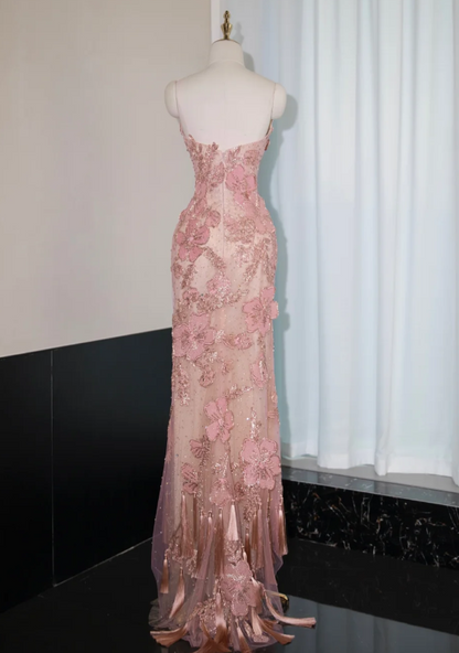 Sweet Pink Strapless Mermaid Evening Gowns with Embroidered Appliques Stunning Prom Dresses with Beading ED03108