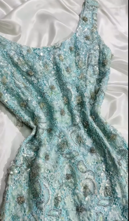 Stunning Blue Jewel Sheath Lace Beaded Short Retro Evening Gowns ED03109
