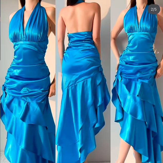 Blue Halter Neck Sheath Layered Satin Prom Dresses Vintage Evening Gowns HZ1024