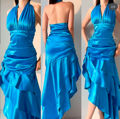 Elegant Blue Halter Neck Sheath Layered Satin Prom Dresses Vintage Evening Gowns ED03113