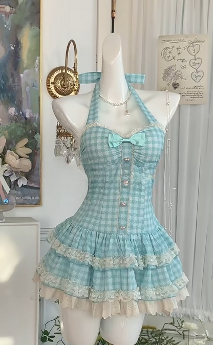 Y2K Blue Plaid Halter A-Line Short Dress Outdoor Party Outfit ED03114