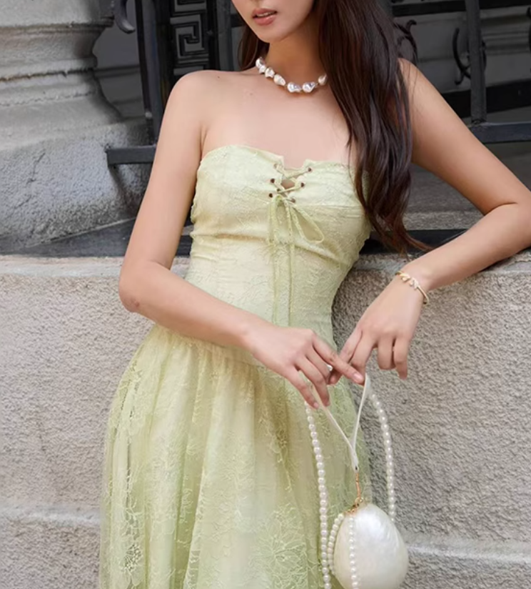 Gorgeous Green Strapless A-Line Tulle Lace Long Evening Gown Birthday Party Dress ED03119