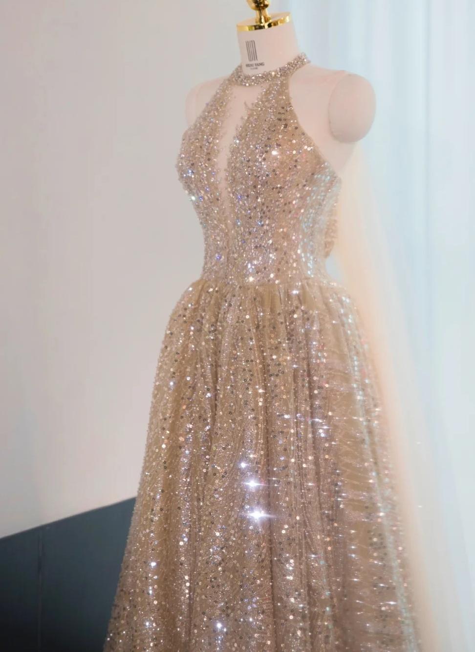 Elephant V-neck A-Line Tulle Sequins Beaded Long Prom Dresses Formal Evening Gowns HZ1024