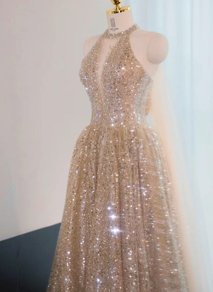Elephant V-neck A-Line Tulle Sequins Beaded Long Prom Dresses Formal Evening Gowns HZ1024