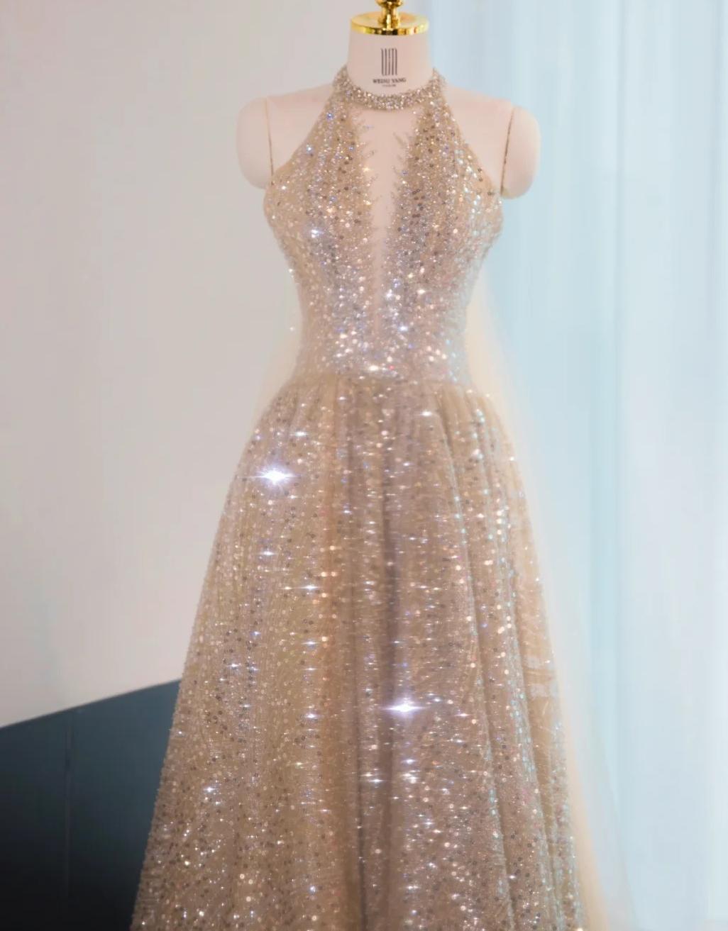 Elephant V-neck A-Line Tulle Sequins Beaded Long Prom Dresses Formal Evening Gowns HZ1024
