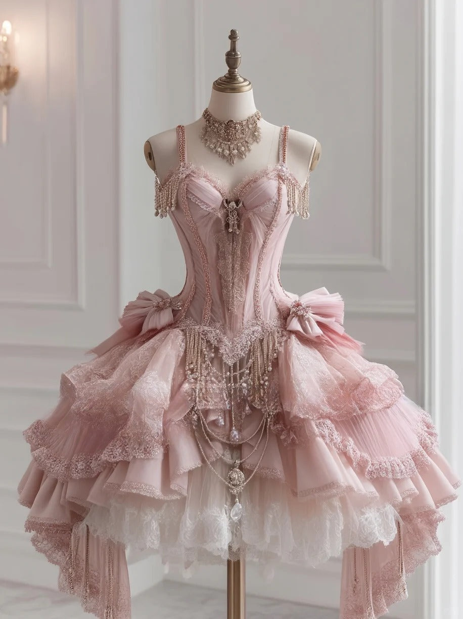 Pink Spaghetti Straps A-Line Lolita Tulle Lace Prom Dresses with Beading HZ1024