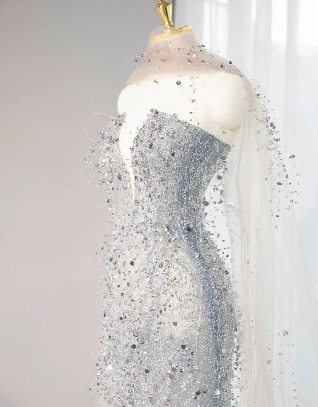 Silver Grey Strapless Sheath Sequin Wedding Dress with Veil, Formal Elegant Evening Gown HZ1024