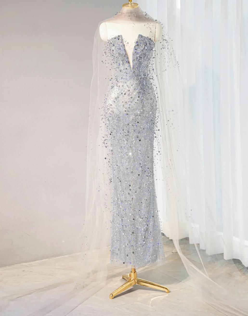 Silver Grey Strapless Sheath Sequin Wedding Dress with Veil, Formal Elegant Evening Gown HZ1024