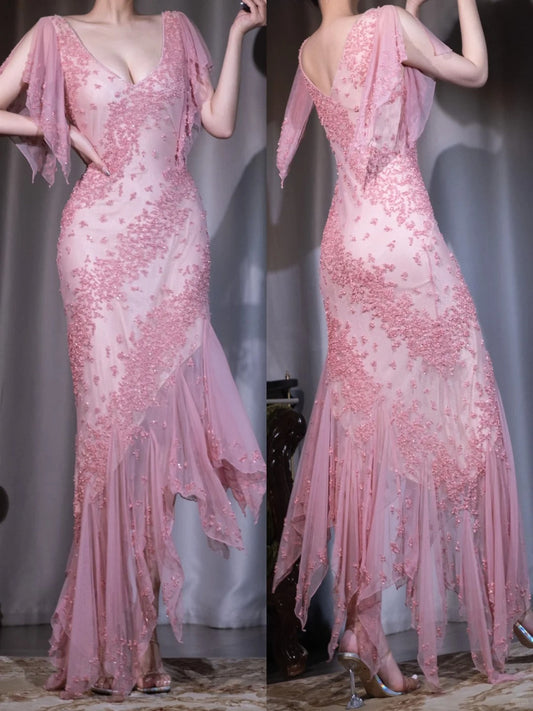 Elegant Pink V Neck Sheath Beaded Chiffon Prom Dresses Retro Evening Dress with Veil, Formal Elegant Evening Gown ED03126