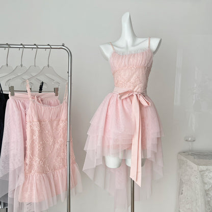 Pink Spaghetti Straps A-Line Tulle Lace Short Birthday Dress Outdoor Party Outfit HZ1024