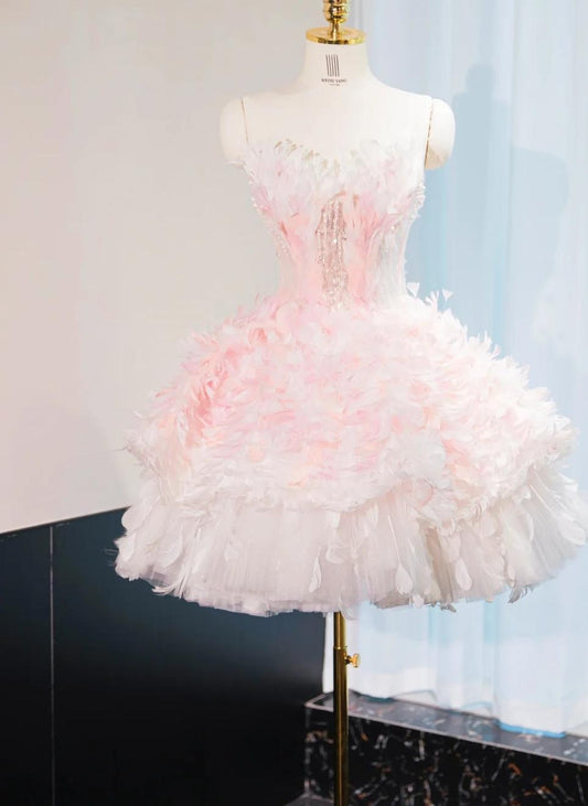 Pink Strapless A-Line Tulle Applique Short Prom Dresses Gorgeous Homecoming Dress HZ1024