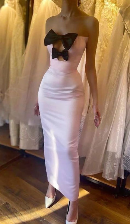 Glamour Pink Strapless Bodycon Satin Prom Dresses Formal Evening Gowns with Bow ED03133