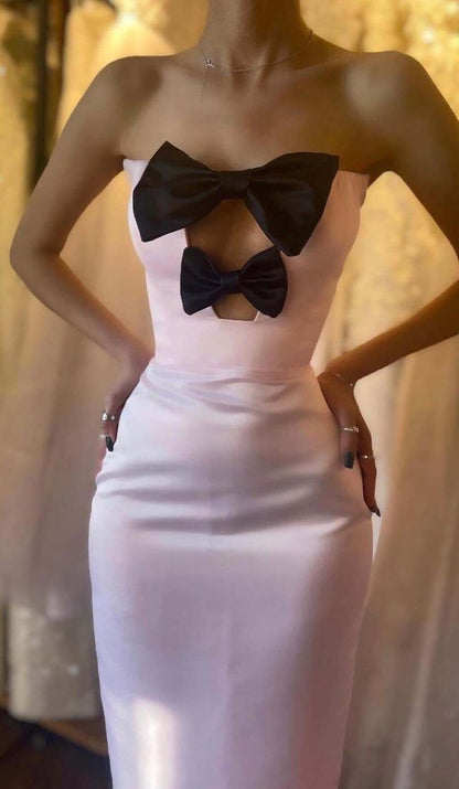 Glamour Pink Strapless Bodycon Satin Prom Dresses Formal Evening Gowns with Bow ED03133