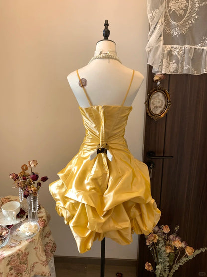 Gold Spaghetti Straps A-Line Satin Short Prom Dresses Elegant Homecoming Dress HZ1024