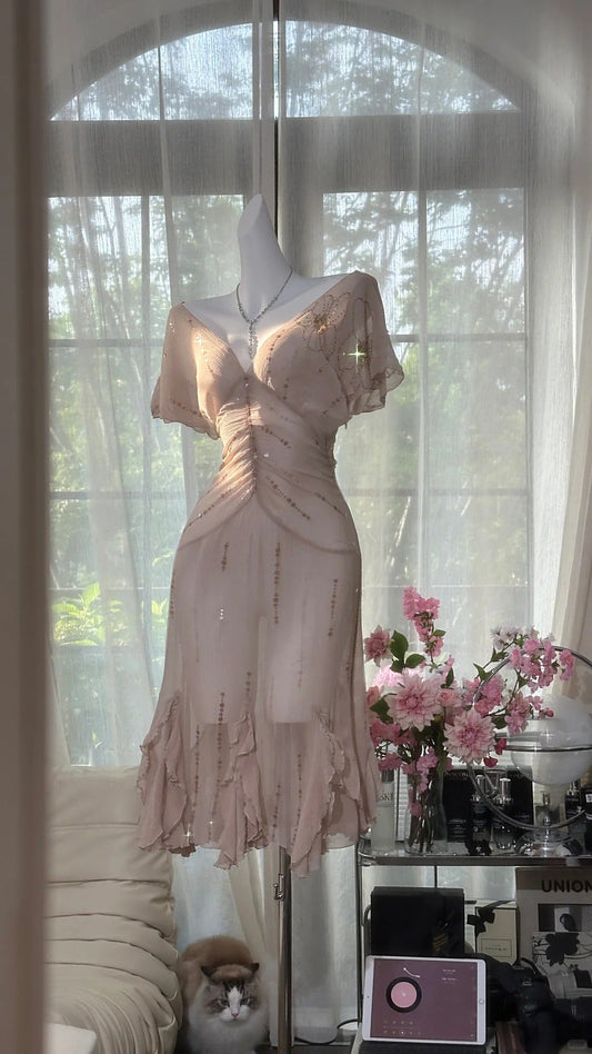 Elegant V-neck Short Sleeve Chiffon Short Dress ED03138