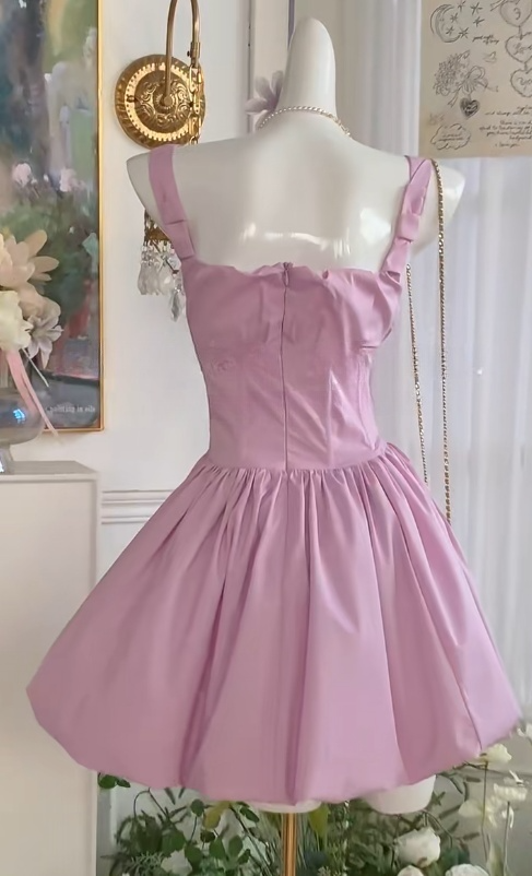 Fairytale Pink Square Neck A-Line Satin Short Party Dress for Birthday Sweet 16 Dress ED03144