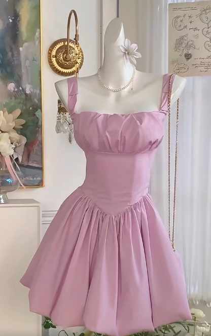 Fairytale Pink Square Neck A-Line Satin Short Party Dress for Birthday Sweet 16 Dress ED03144