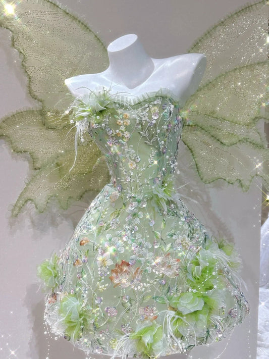 Gorgeous Green Strapless A-Line Tulle Beaded Short Prom Dresses Fairytale Dress for Events ED03149
