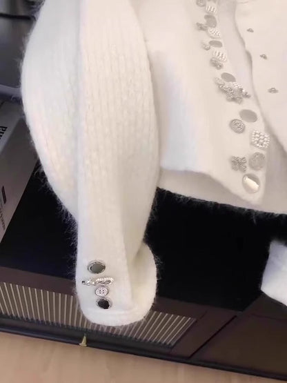 Chanel style white raccoon fleece round neck cardigan ED0314