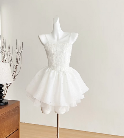 White Spaghetti Straps A-Line Tulle Beaded Short Prom Dresses Sweet 16 Dresses HZ1024