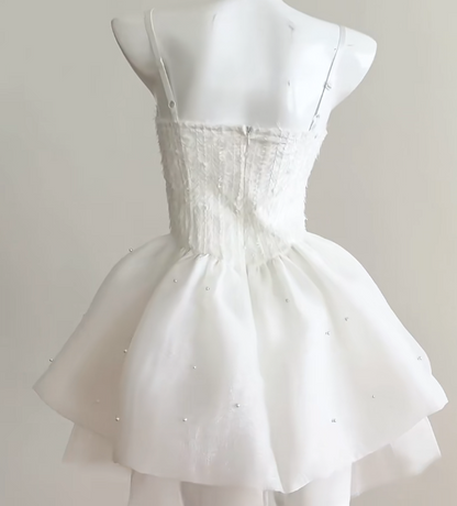 White Spaghetti Straps A-Line Tulle Beaded Short Prom Dresses Sweet 16 Dresses HZ1024