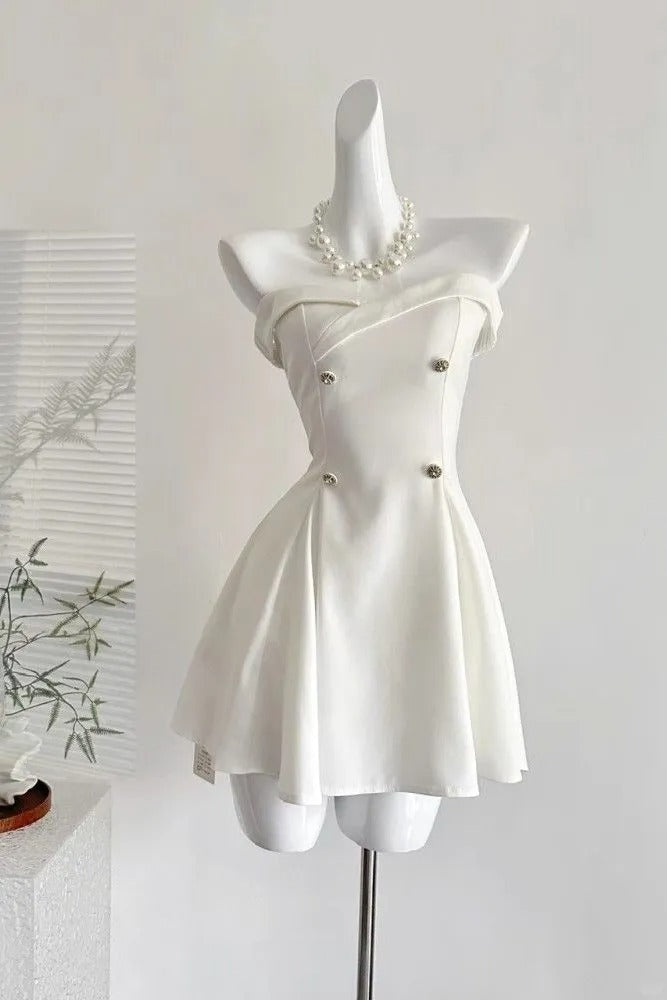 White Strapless A-Line Short Birthday Dress Elegant Party Dress HZ1024