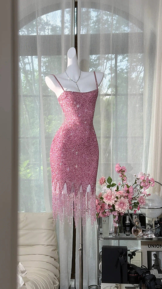 Fairytale Pink Spaghetti Straps Bodycon Beaded Sequin Short Prom Dresses ED03155