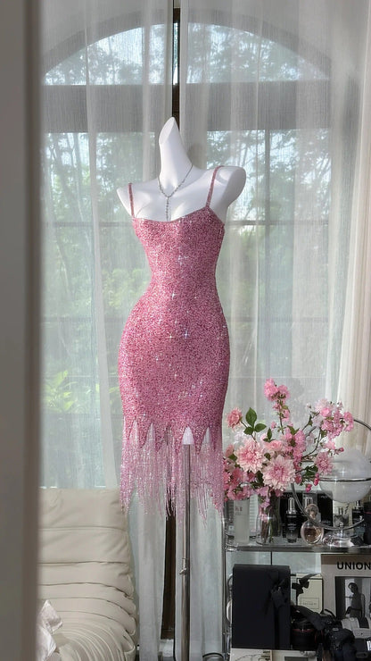 Fairytale Pink Spaghetti Straps Bodycon Beaded Sequin Short Prom Dresses ED03155