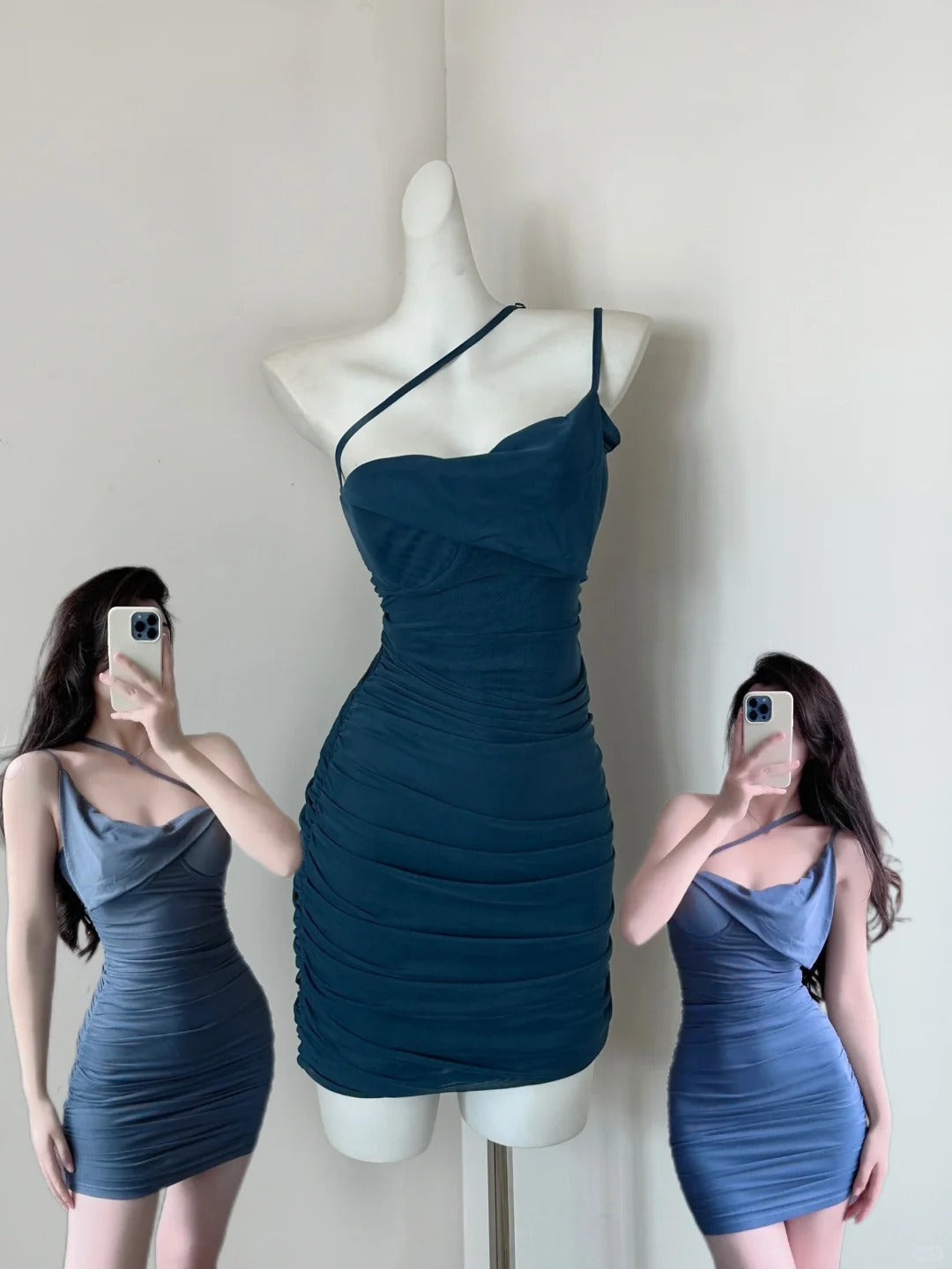 Elegant Jade Asymmetric Neck Bodycon Short Evening Dress Fashion Party Dress ED03156