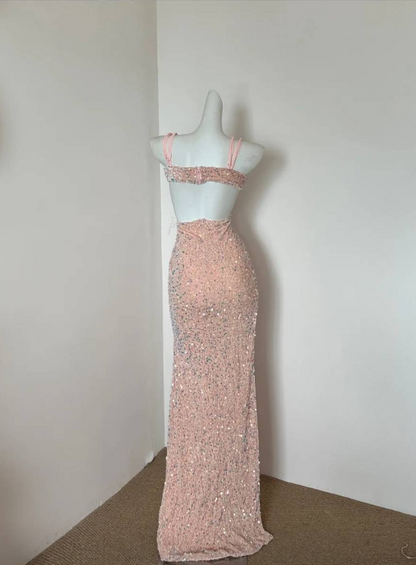 Pink Spaghetti Straps Sheath Sequin Long Prom Dresses Formal Evening Gowns with Slits Wedding Guest Dress HZ1024