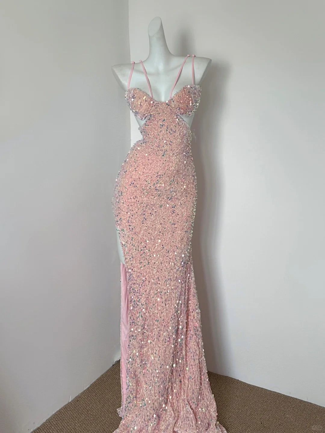 Gorgeous Pink Spaghetti Straps Sheath Sequin Long Prom Dresses Formal Evening Gowns with Slits Wedding Guest Dress  ED03167