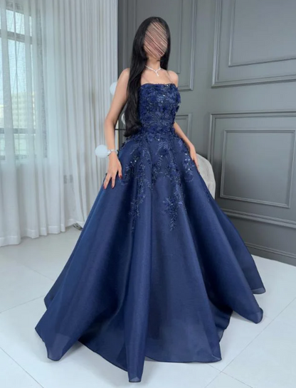 Glamour Navy Blue Strapless A-Line Tulle Long Prom Dresses Formal Evening Gowns with Appliques ED03169