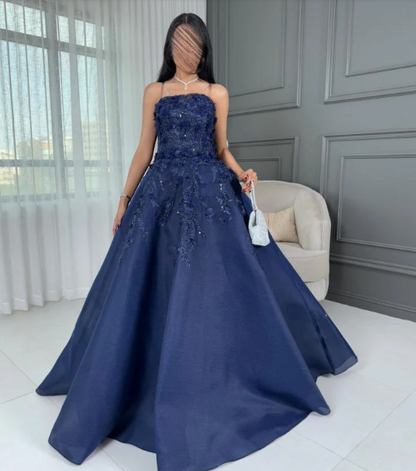 Glamour Navy Blue Strapless A-Line Tulle Long Prom Dresses Formal Evening Gowns with Appliques ED03169