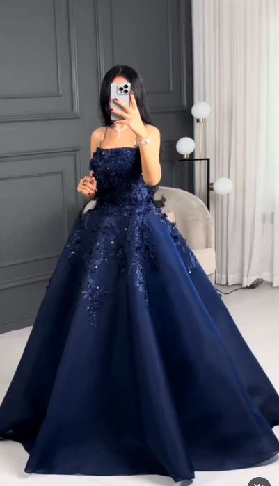 Glamour Navy Blue Strapless A-Line Tulle Long Prom Dresses Formal Evening Gowns with Appliques ED03169