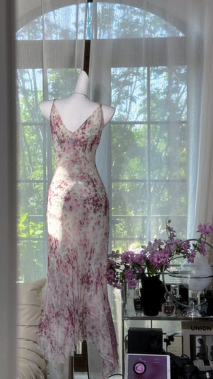 Glamour V-neck Sheath Printed Chiffon Long Prom Dresses Retro Evening Gowns ED03172
