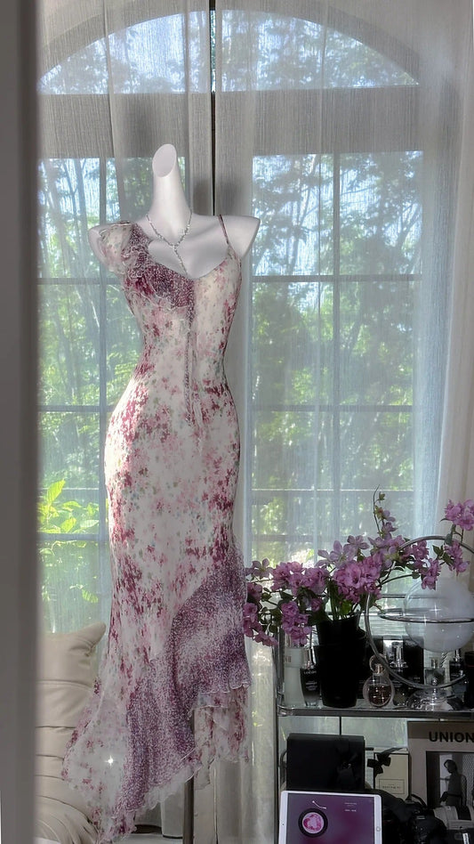 Glamour V-neck Sheath Printed Chiffon Long Prom Dresses Retro Evening Gowns ED03172