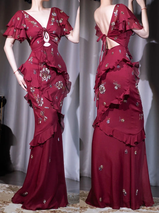 Deep Red V Neck Mermaid Beaded Chiffon Long Prom Dresses Elegant Evening Gowns HZ1024
