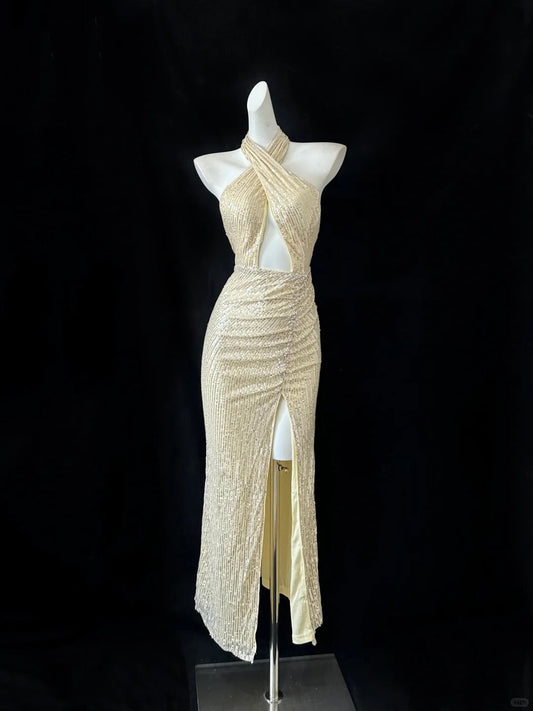 Light Yellow Halter Neck Sheath Sequin Evening Dress Elegant Party Dress HZ1024