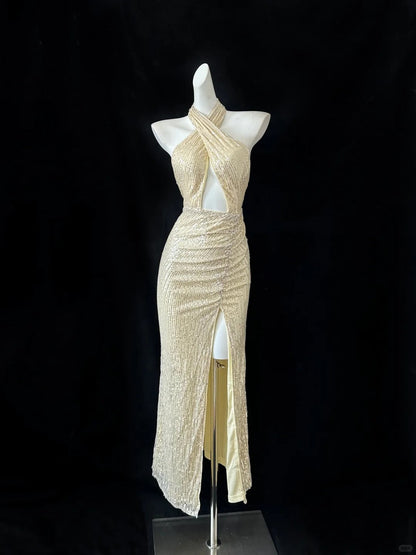 Fashionable Light Yellow Halter Neck Sheath Sequin Evening Dress Elegant Party Dress ED03182