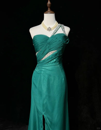 Glamour Green One Shoulder Sheath Tulle Long Prom Dresses Elegant Evening Gowns ED03187
