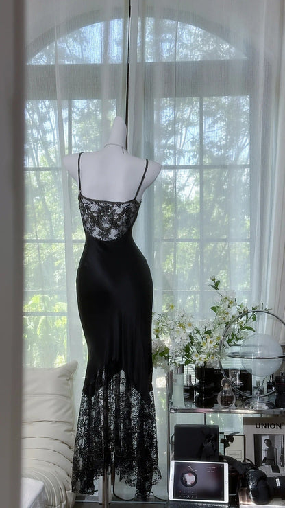 Elegant Black Spaghetti Straps Mermaid Lace Satin Prom Dresses Vintage Evening Gowns with Beadings ED03188