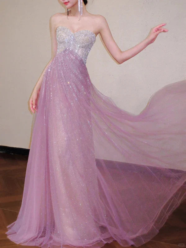 Shiny A Line Sweetheart Neck Beaded Pink Tulle Prom Dress Evening Dress Formal Dress SH3775