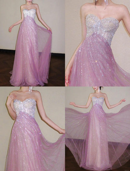 Sweet Pink Sweetheart A-Line Tulle Sequins Long Prom Dresses Elegant Formal Evening Gowns ED03190